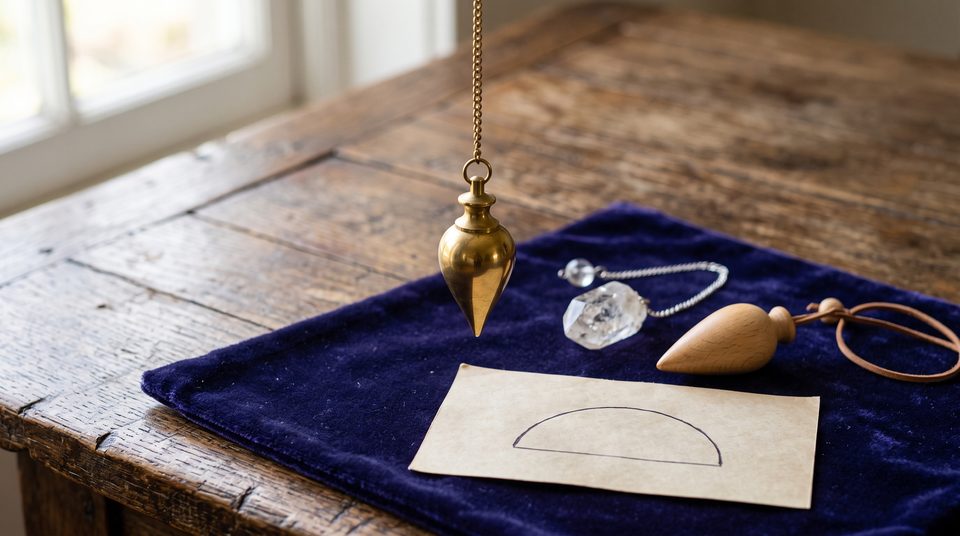 Pendule en laiton suspendu au-dessus d'une table en bois, à côté d'un pendule en cristal de roche et d'un pendule en bois posés sur un velours indigo