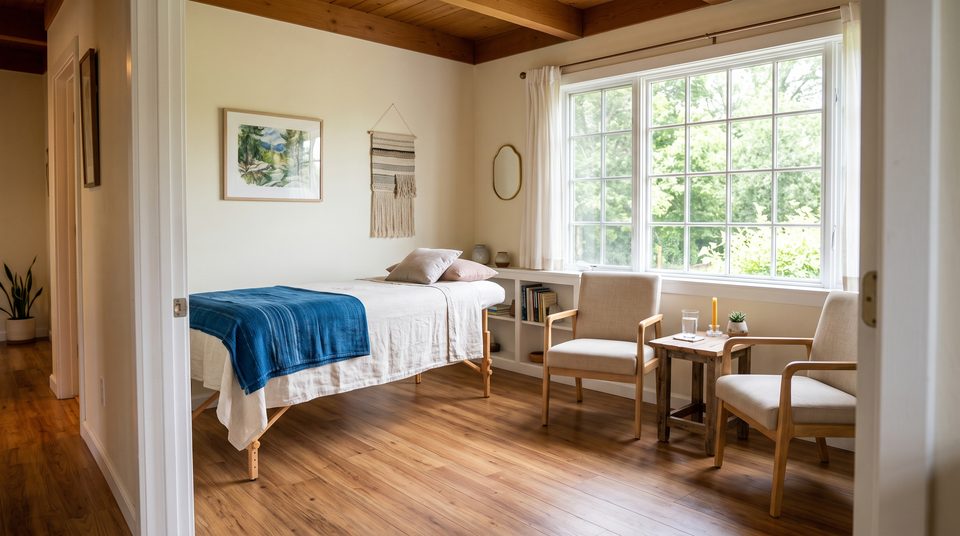 Salle de séance lumineuse vue depuis la porte, avec une table couverte d'un drap crème et d'une couverture indigo, deux fauteuils face à face près de la fenêtre