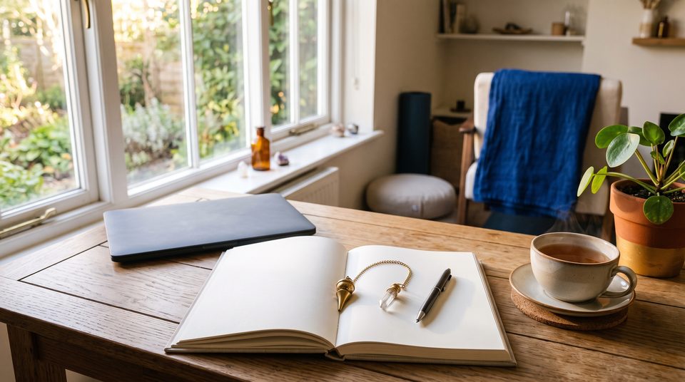 Bureau en bois près d'une fenêtre au matin, avec un carnet ouvert, un pendule en laiton, une tasse de thé et un ordinateur fermé poussé sur le côté